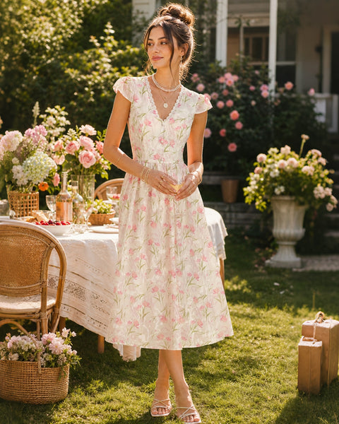 Rihoas Tulip Lace Trim Midi Dress with Short Sleeve