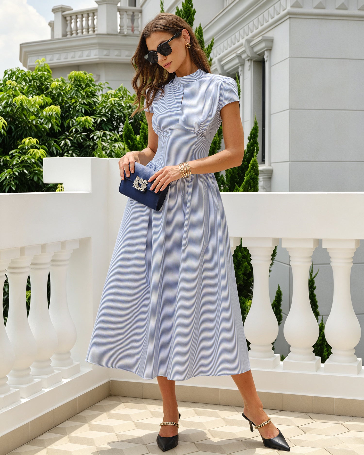 Blue Mock Neck Striped Midi Dress - RIHOAS - 04