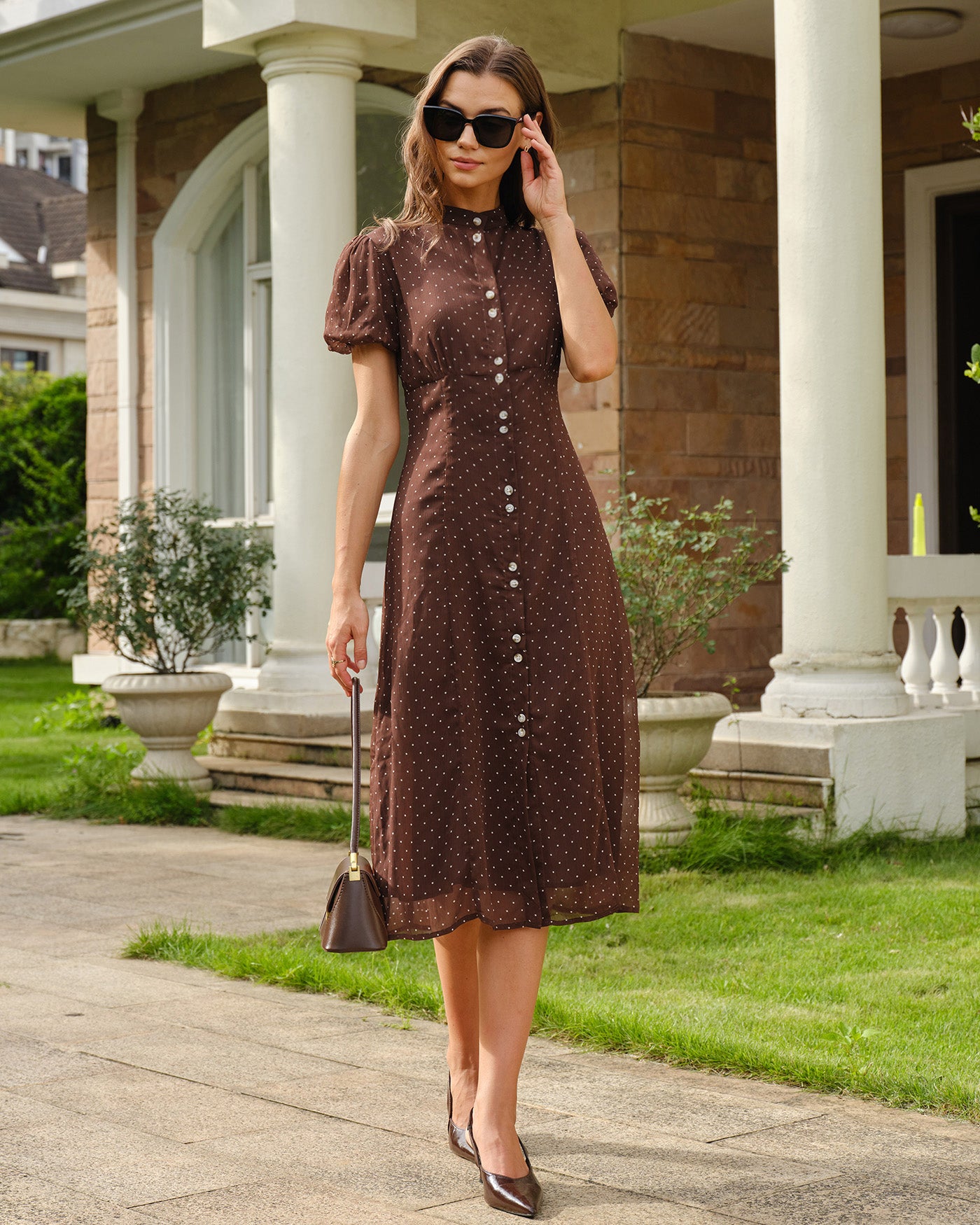 Brown Polka Dot Chiffon Midi Dress 05