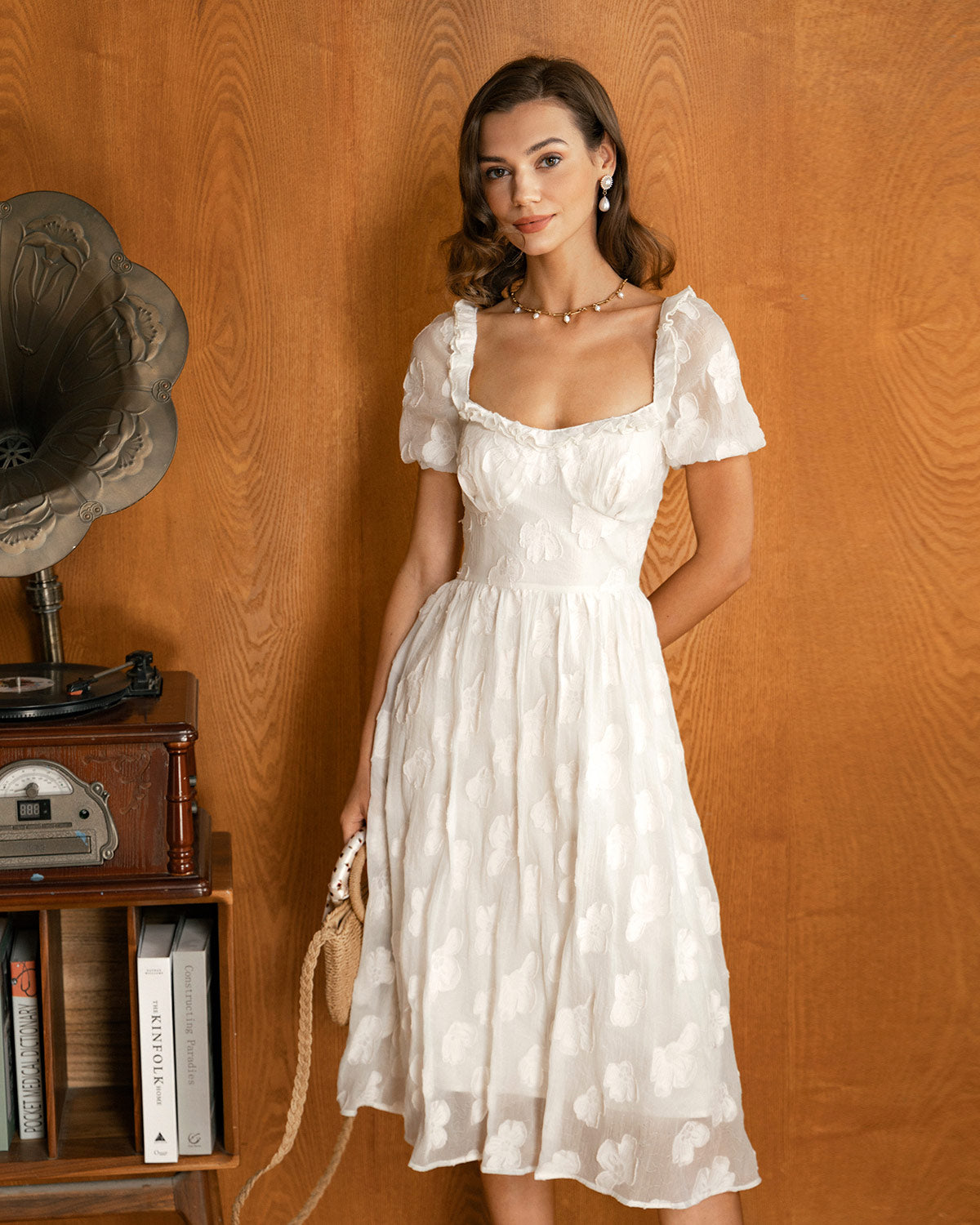 Square Neck Puffed Sleeve Midi Dress