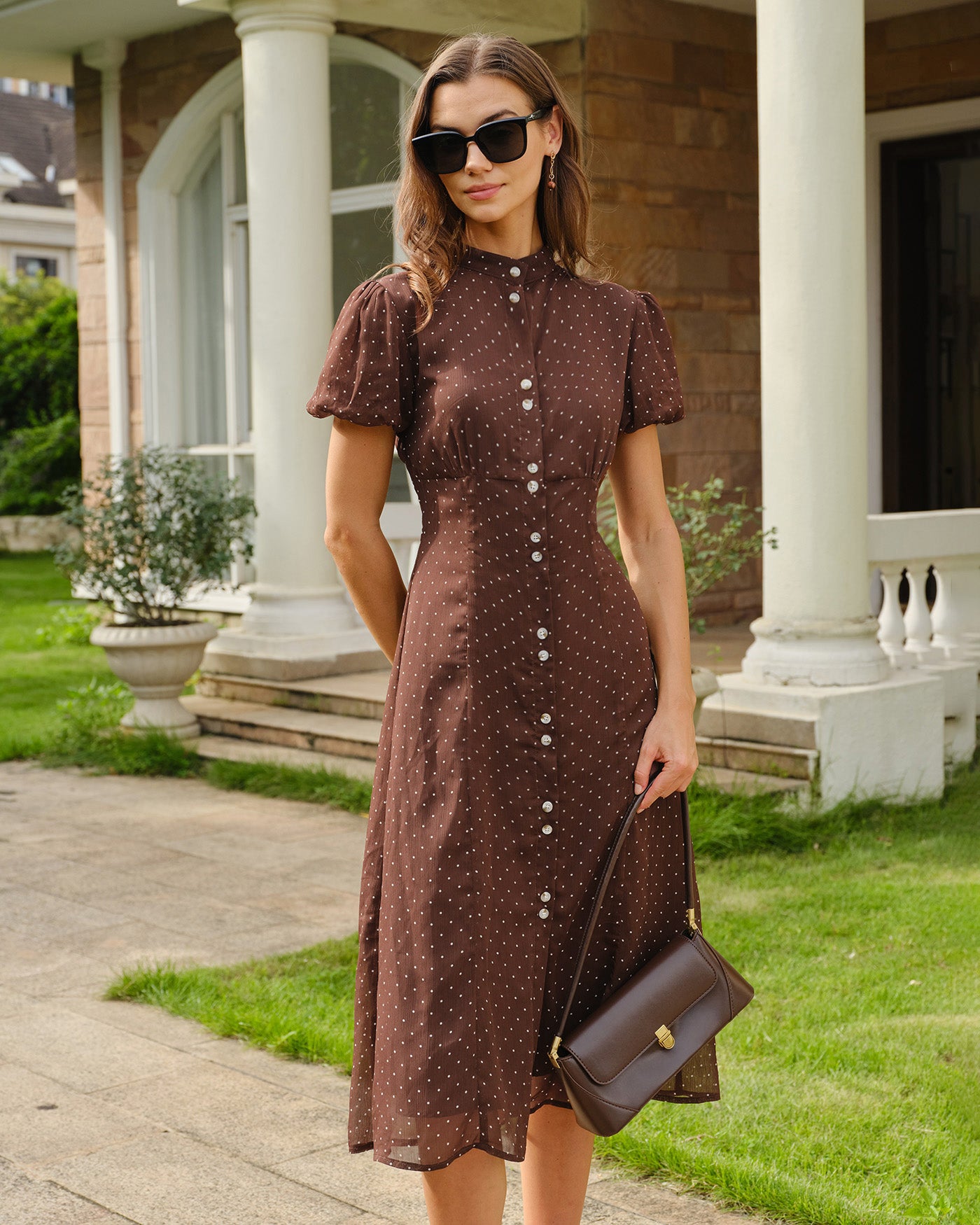 Brown Polka Dot Chiffon Midi Dress 03