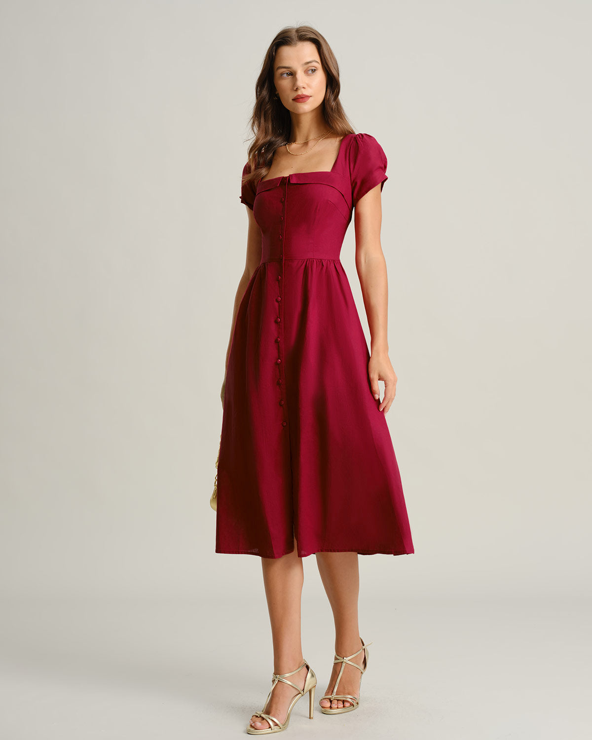 Rihoas Button Front Puff Short Sleeve Midi Dress Rihoas Button Front Puff Short Sleeve Midi Dress