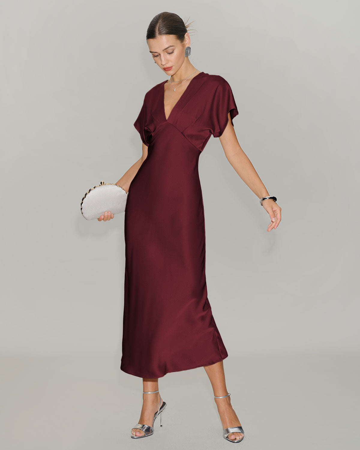 Rihoas Satin Cowl Sleeve V-Neck Formal Midi Dress, Wine Red / S