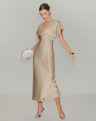 Apricot Satin V Neck A-Line Midi Dress - RIHOAS - 02