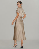 Apricot Satin V Neck A-Line Midi Dress - RIHOAS - 03