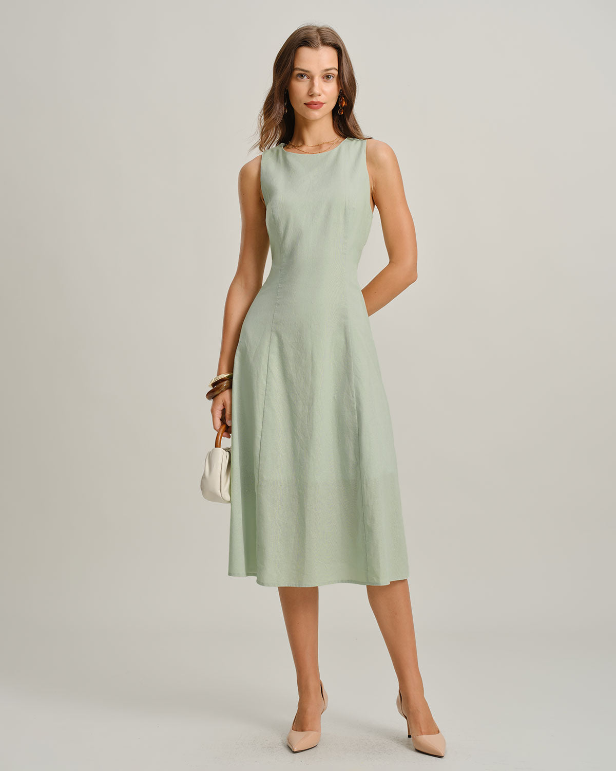 Rihoas Sage Green Linen-Blend A-Line Midi Dress | Sleeveless Minimalist Sundress, Green / L Rihoas Sage Green Linen-Blend A-Line Midi Dress | Sleeveless Minimalist Sundress, Green / L