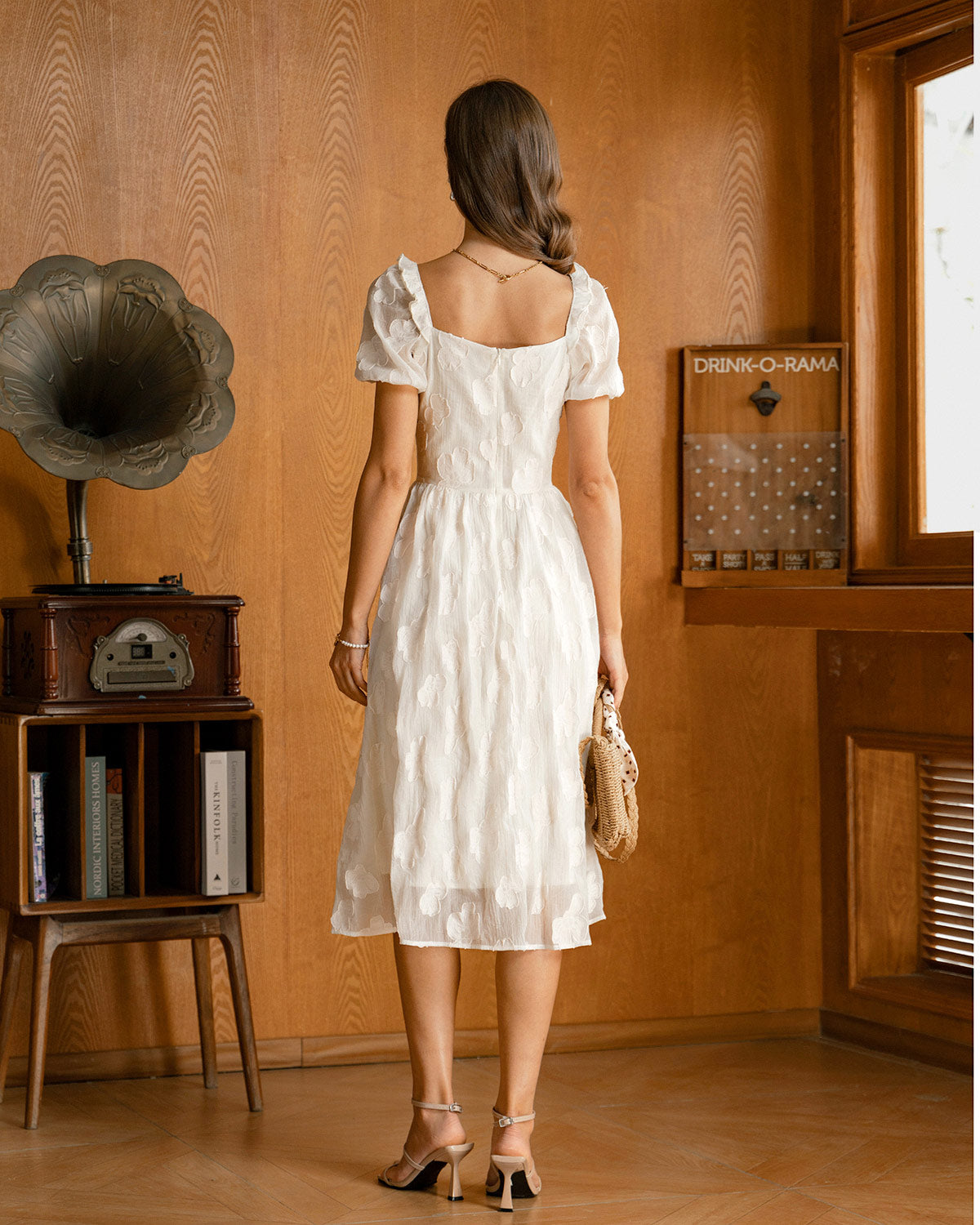 Beige Square Neck Puffed Sleeve Midi Dress Beige Square Neck Puffed Sleeve Midi Dress