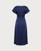 Navy V Neck Lace Satin Midi Dress 02