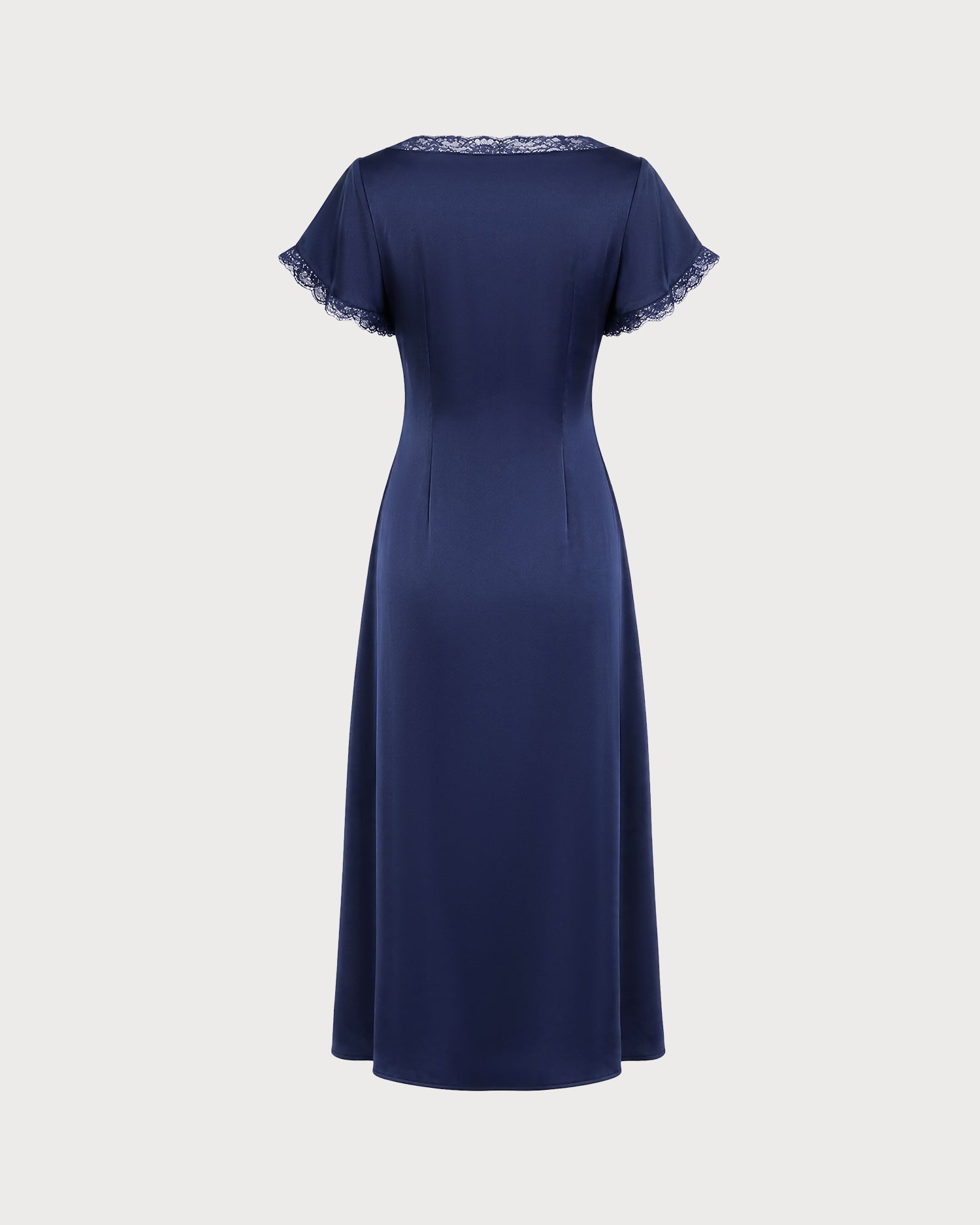 Navy V Neck Lace Satin Midi Dress 02