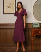 Wine Red V Neck Mermaid Midi Dress - RIHOAS - 04