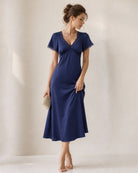 Navy V Neck Lace Satin Midi Dress - RIHOAS - 03