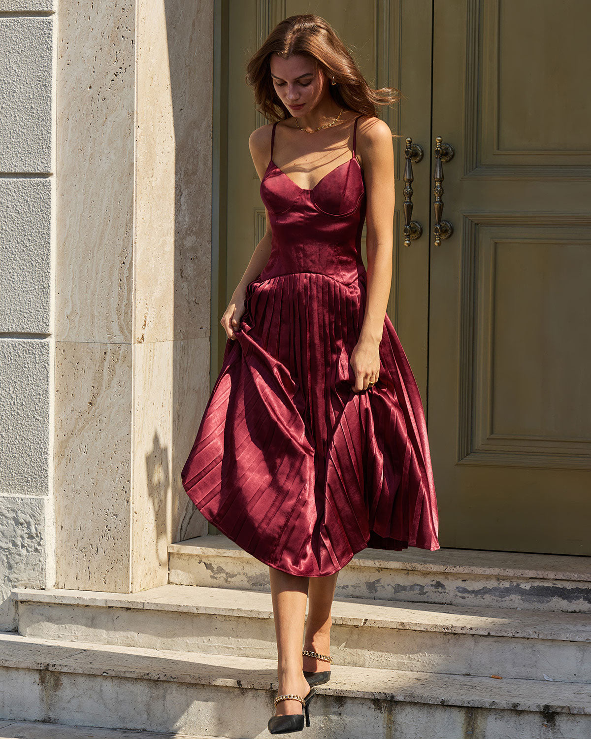 Wine Red Ruched A-Line Slip Midi Dress & Reviews - Wine Red - Dresses