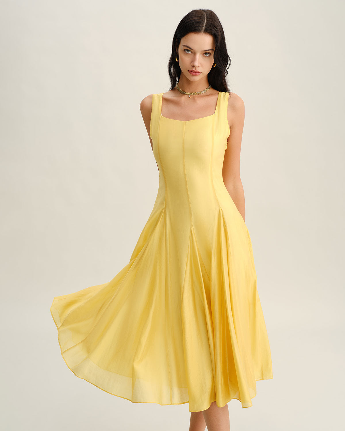 Yellow Square Neck Pleated Slip Midi Dress & Reviews - Yellow - Dresses | RIHOAS Yellow Square Neck Pleated Slip Midi Dress & Reviews - Yellow - Dresses | RIHOAS