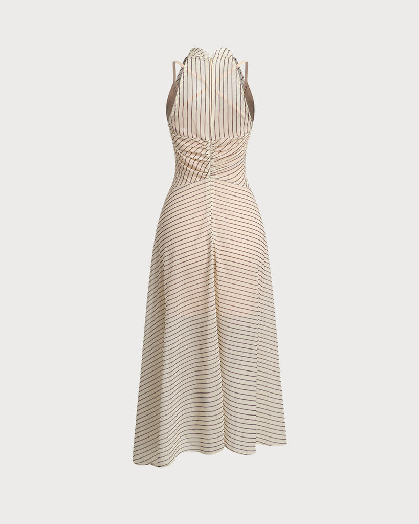 Beige Striped Cowl Neck Sleeveless Midi Dress - RIHOAS