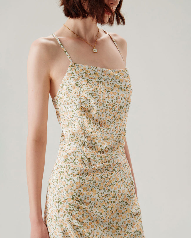 Yellow Floral Ruched Slip Midi Dress - RIHOAS