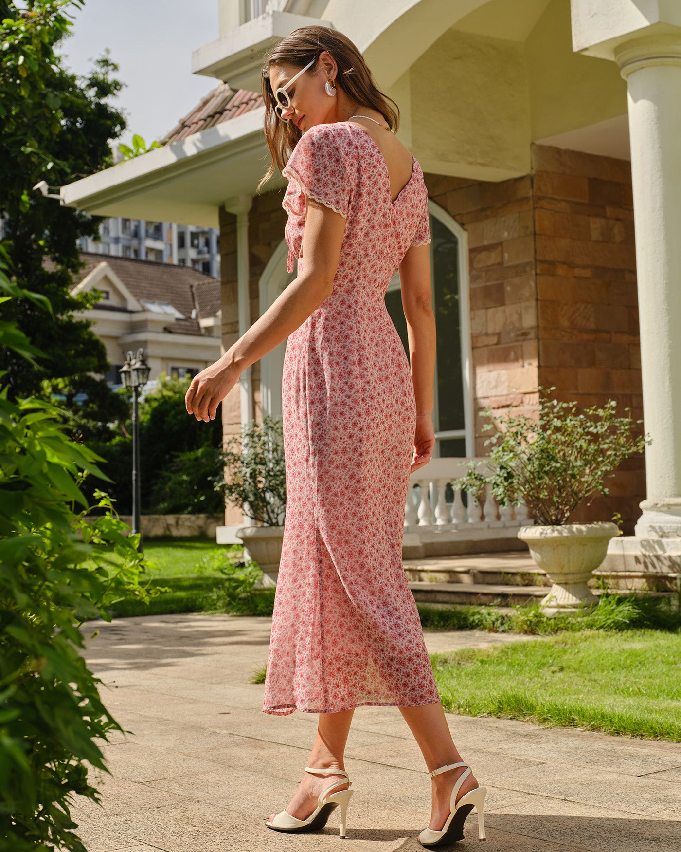 Rihoas Chiffon Floral V-Neck Lace Tie Front Cap Sleeve Mermaid Midi Dress, Pink / XS