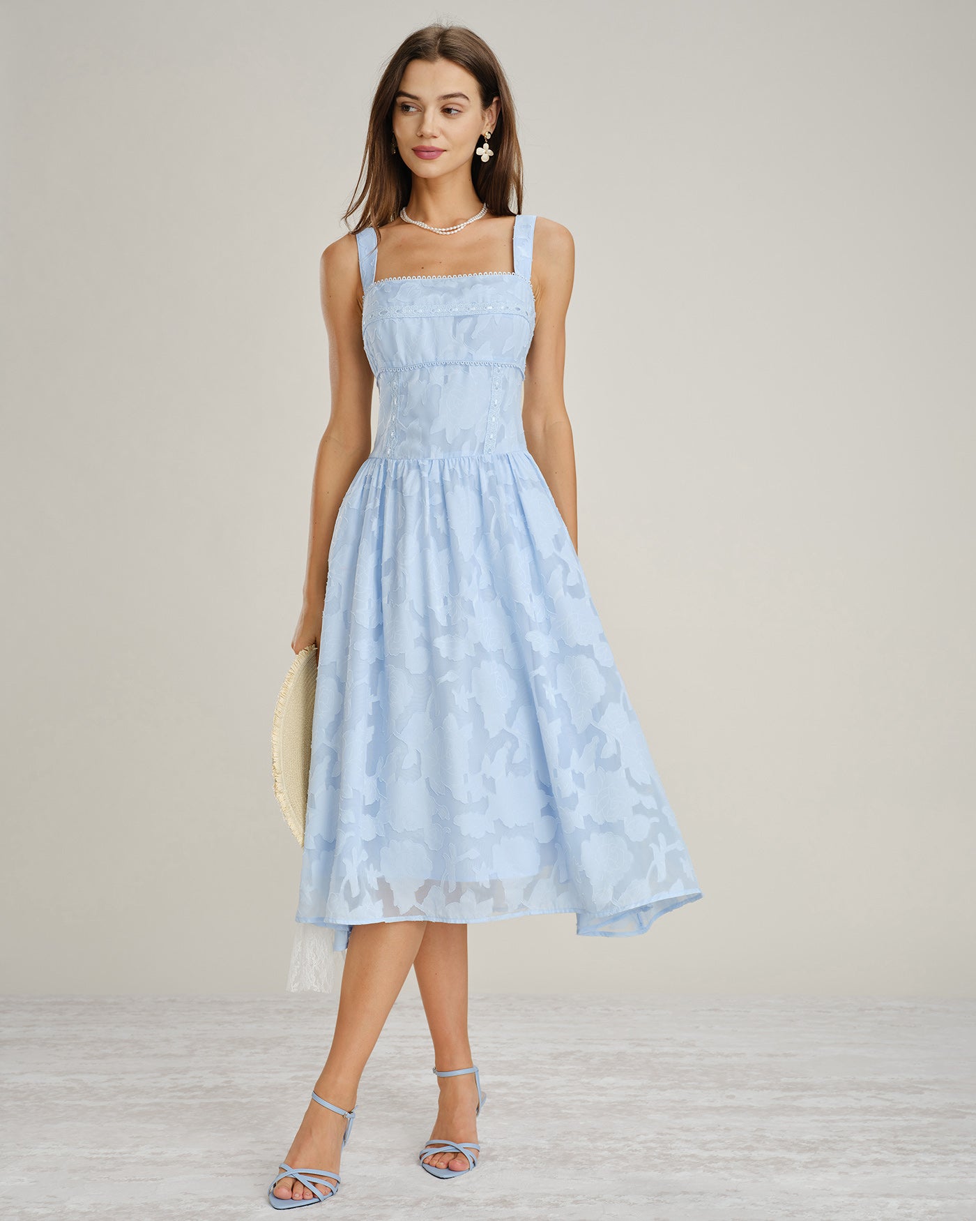 Blue Square Neck Lace Jacquard Midi Dress & Reviews - Blue - Dresses
