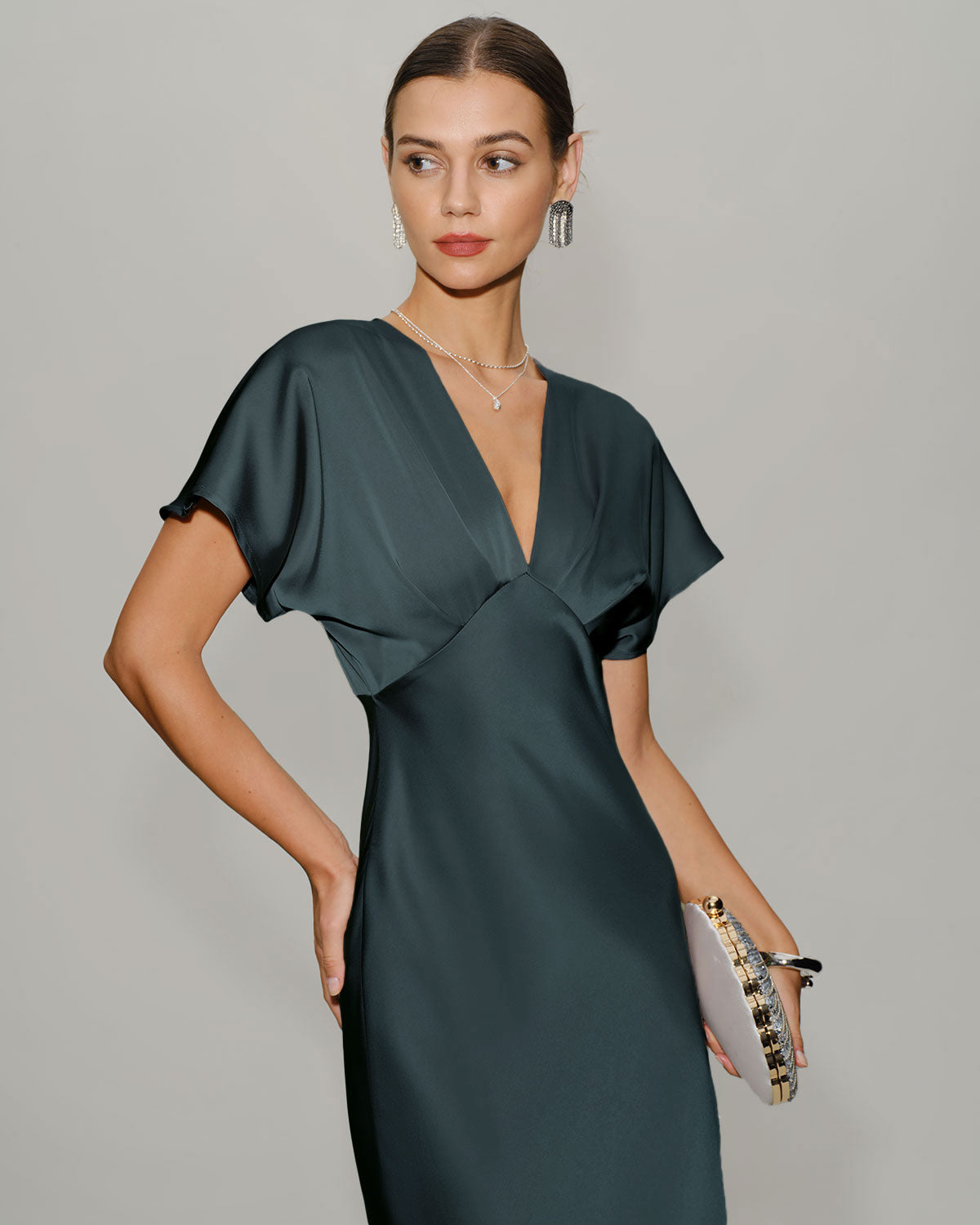 Grey Green Satin Cowl Sleeve Midi Dress & Reviews - Grey Green - Dresses | RIHOAS Grey Green Satin Cowl Sleeve Midi Dress & Reviews - Grey Green - Dresses | RIHOAS