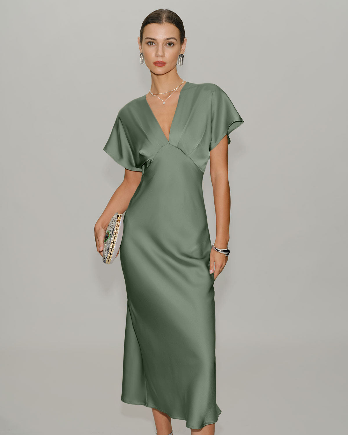 Green Satin V Neck A-Line Midi Dress & Reviews - Green - Dresses | RIHOAS Green Satin V Neck A-Line Midi Dress & Reviews - Green - Dresses | RIHOAS