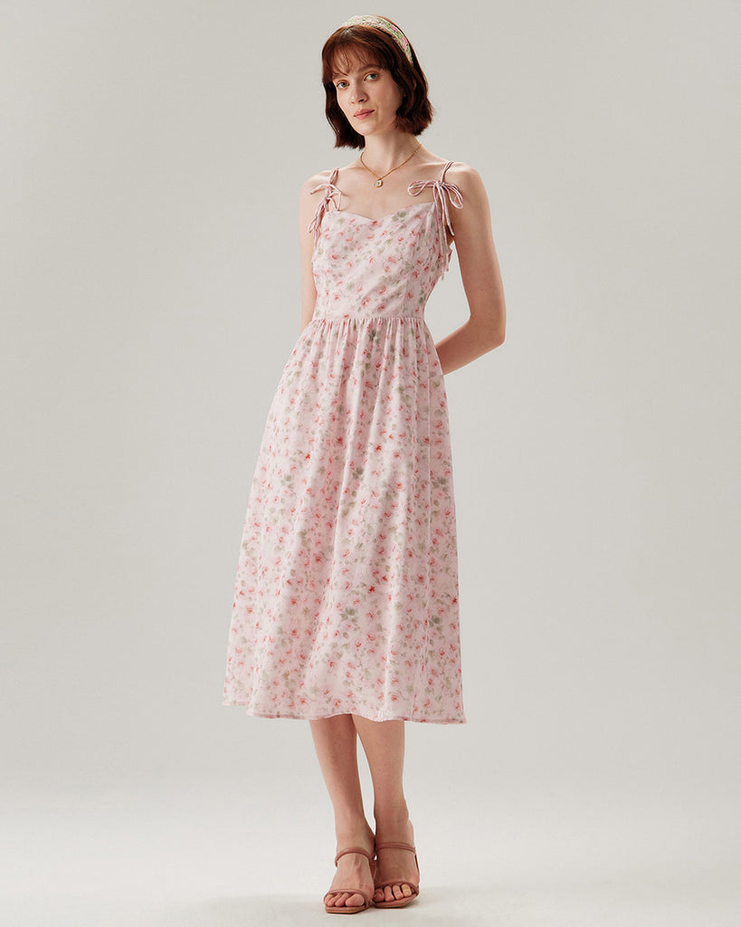Pink Floral Shirred Slip Midi Dress - RIHOAS