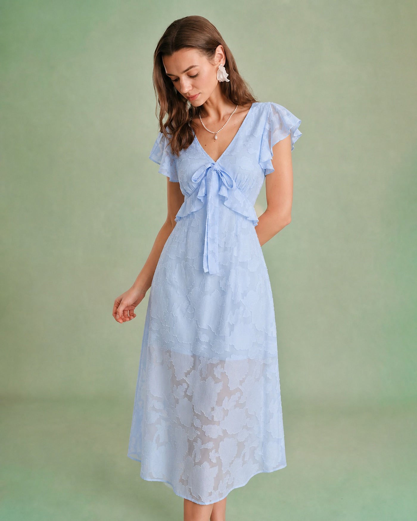 Blue V Neck Jacquard Ruffle Midi Dress & Reviews - Blue - Dresses