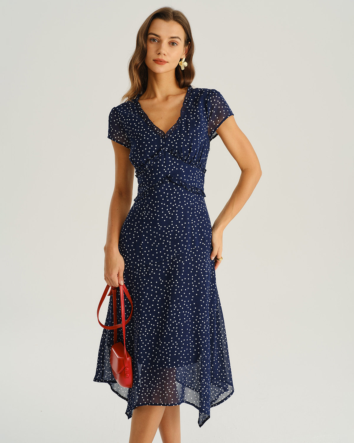 Rihoas Polka Dot Ruched V Neck Midi Dress | Cap Sleeve A-Line for Wedding Guest, Summer Casual, Garden Party, Navy / S Rihoas Polka Dot Ruched V Neck Midi Dress | Cap Sleeve A-Line for Wedding Guest, Summer Casual, Garden Party, Navy / S