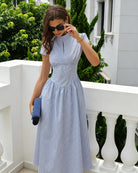 Blue Mock Neck Striped Midi Dress - RIHOAS - 05