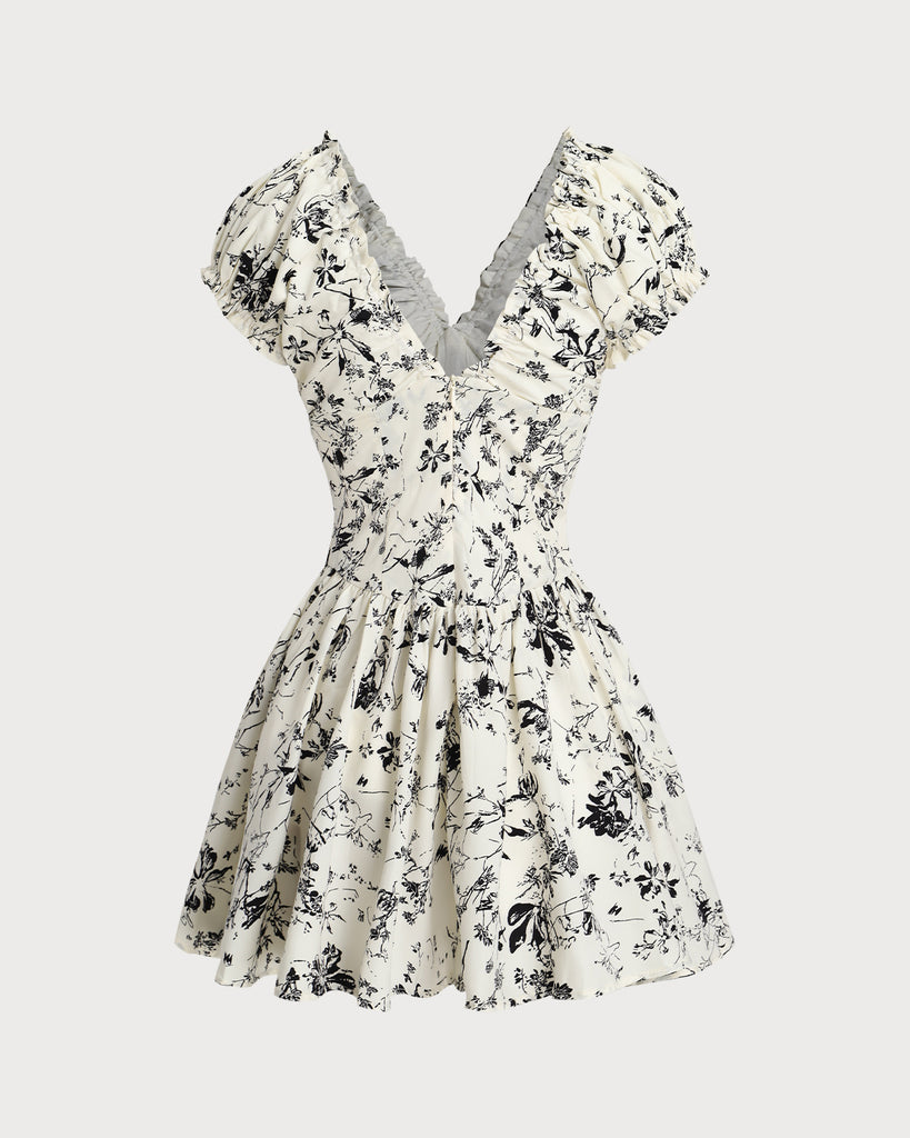 White Floral Ruched V Neck Mini Dress - RIHOAS