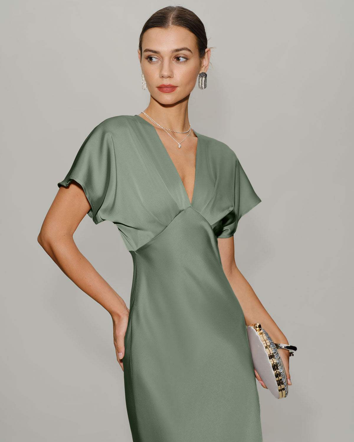 Green Satin V Neck A-Line Midi Dress & Reviews - Green - Dresses | RIHOAS Green Satin V Neck A-Line Midi Dress & Reviews - Green - Dresses | RIHOAS