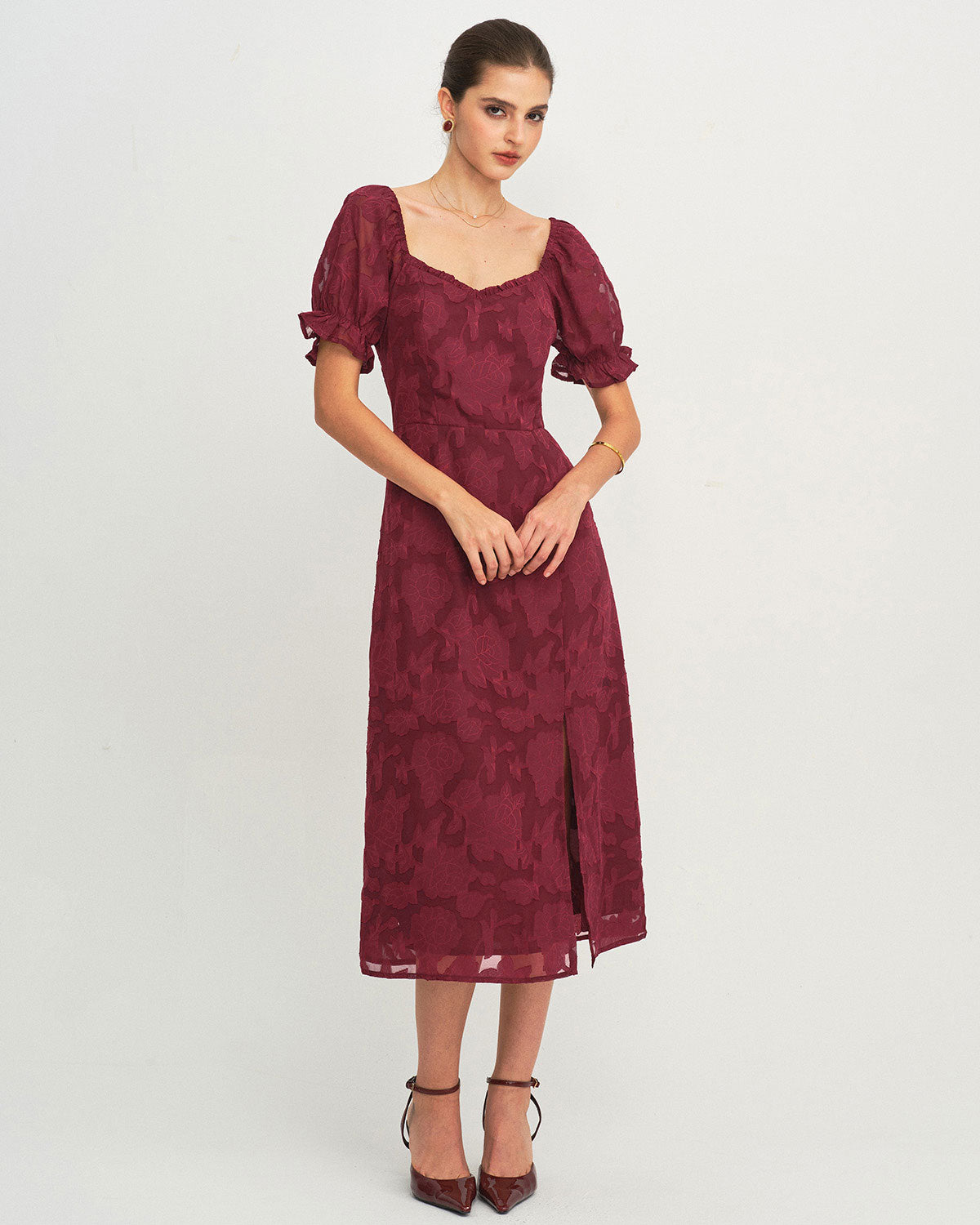 Wine Red Jacquard Slit Midi Dress & Reviews - Wine Red - Dresses | RIHOAS