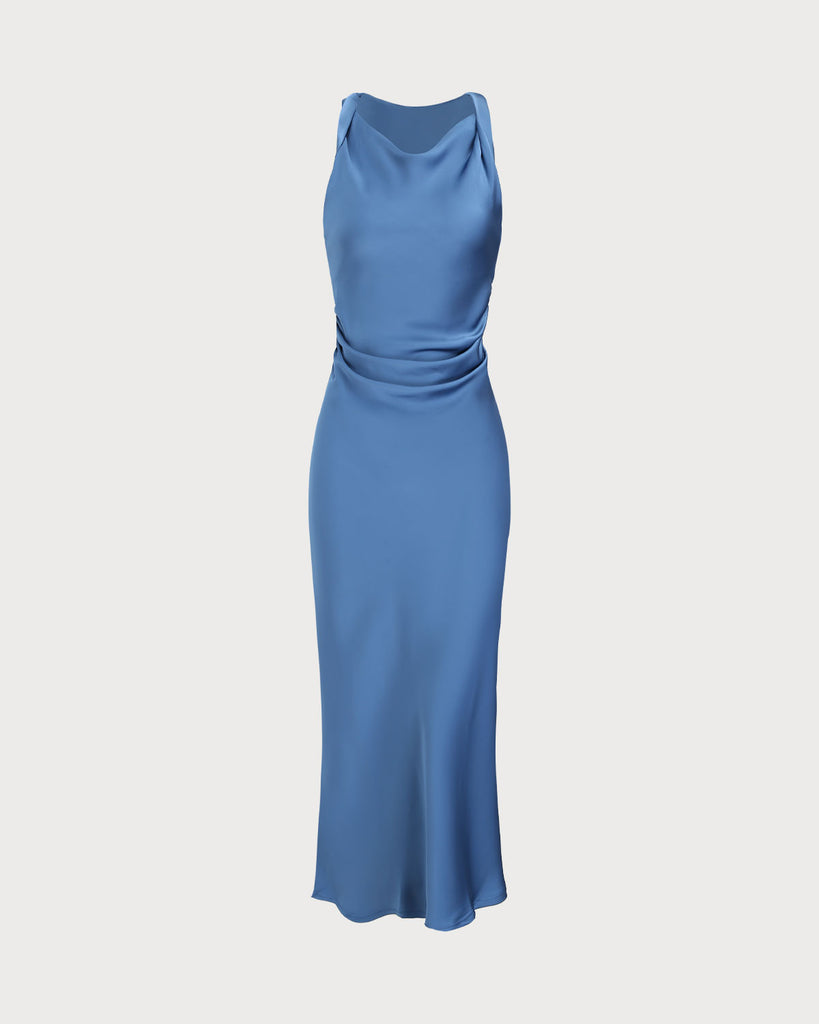 Women's Woven Polyester Midi Dresses Dusty Blue Dresses - RIHOAS