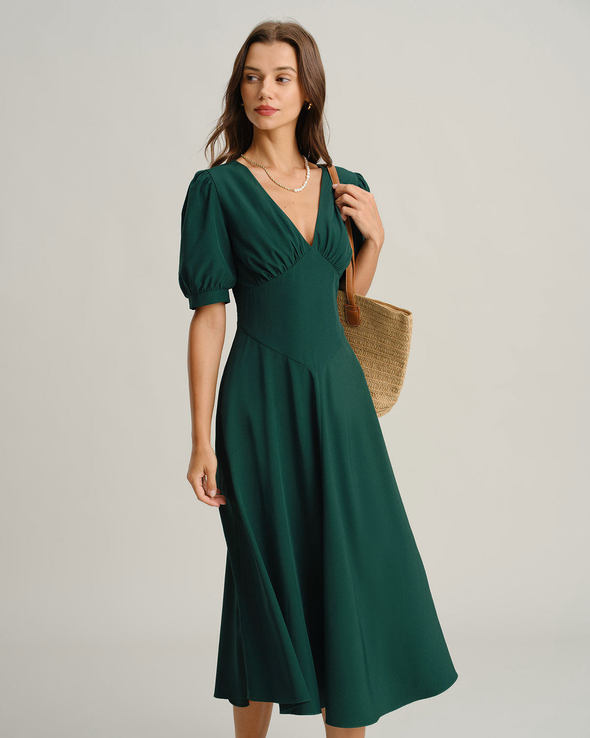 Women's Woven Polyester Midi Dresses Green Dresses - RIHOAS