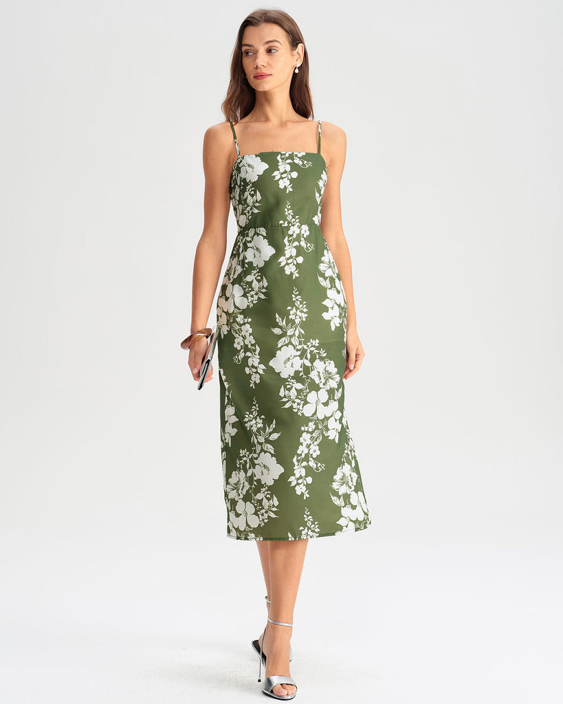 Women's Woven Polyester Midi Dresses Green Dresses - RIHOAS