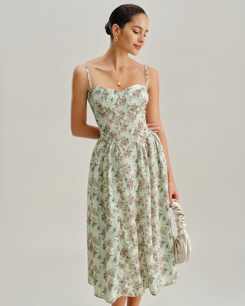 Women's Woven Polyester Midi Dresses Green Dresses - RIHOAS