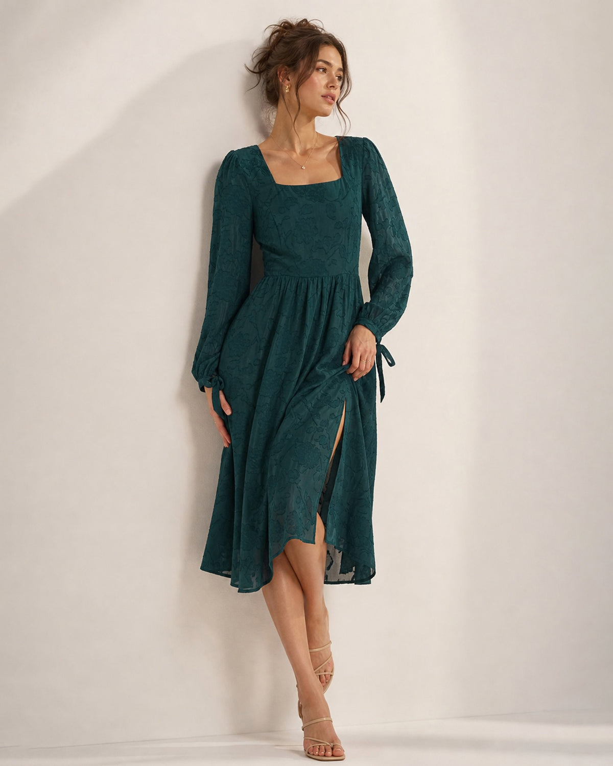 Women's Woven Polyester Midi Dresses Green - RIHOAS