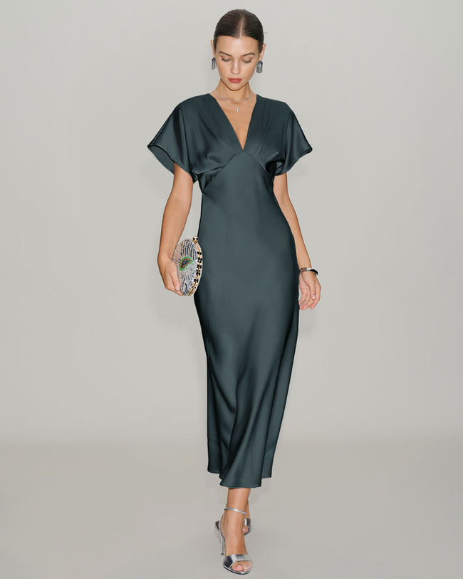 Women's Woven Polyester Midi Dresses Grey Green Dresses - RIHOAS