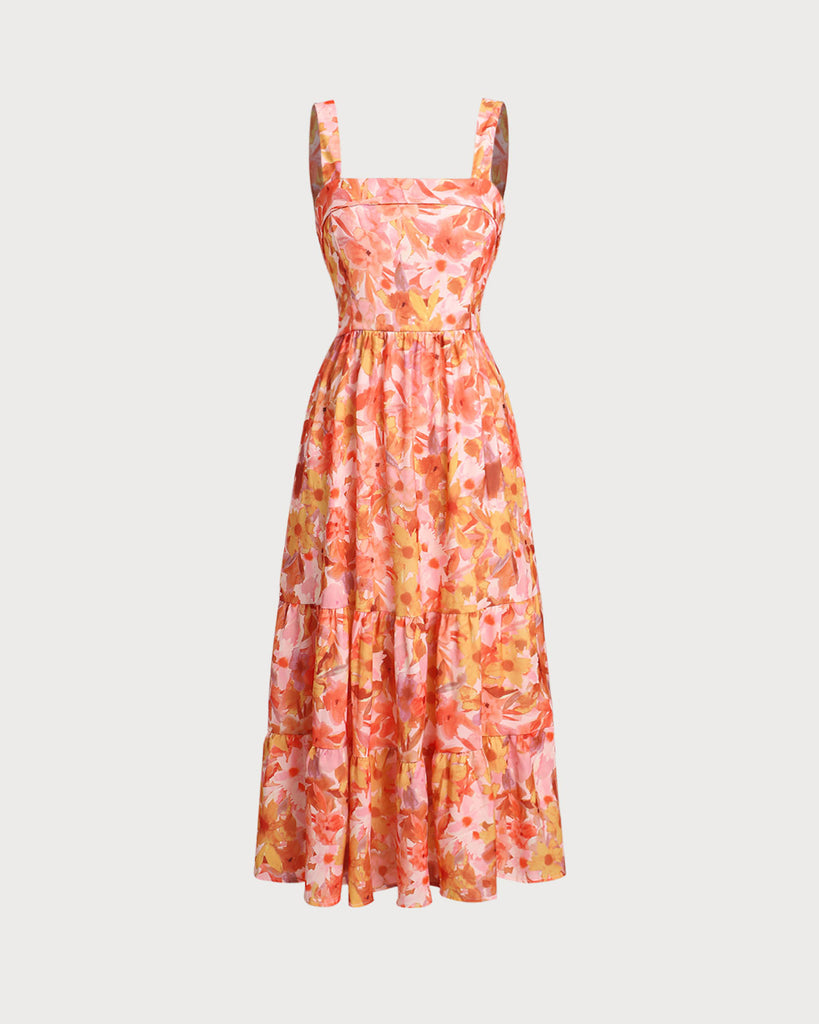 Women's Woven Polyester Midi Dresses Orange Dresses - RIHOAS