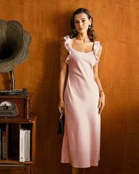 Women's Woven Polyester Midi Dresses Pink Dresses - RIHOAS