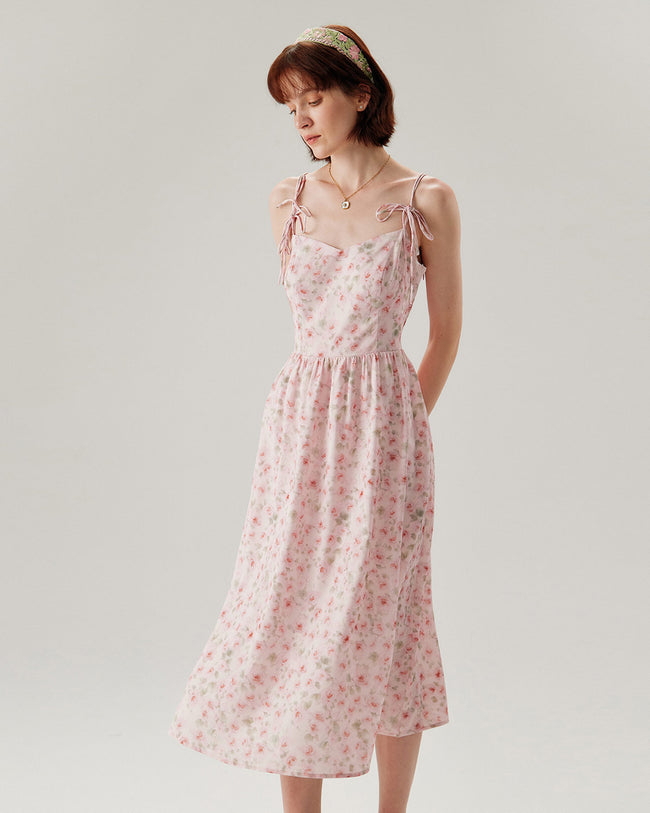 Pink Floral Shirred Slip Midi Dress - RIHOAS