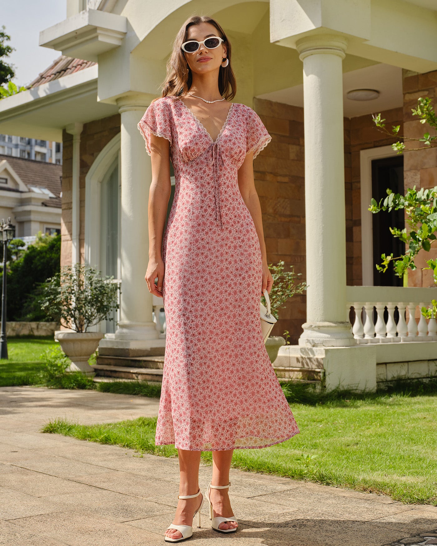 Women's Woven Polyester Midi Dresses Pink Dresses - RIHOAS