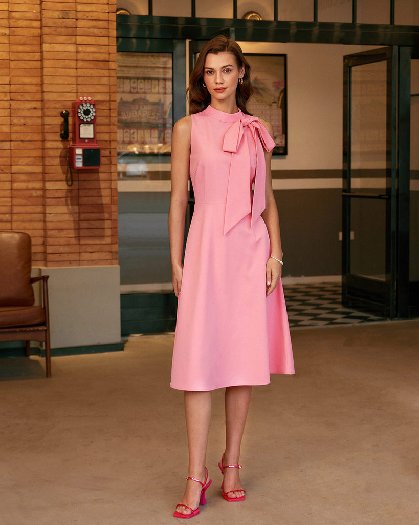 Women's Woven Polyester Midi Dresses Pink Dresses - RIHOAS