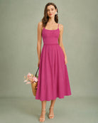 Women's Woven Polyester Midi Dresses Pink Dresses - RIHOAS