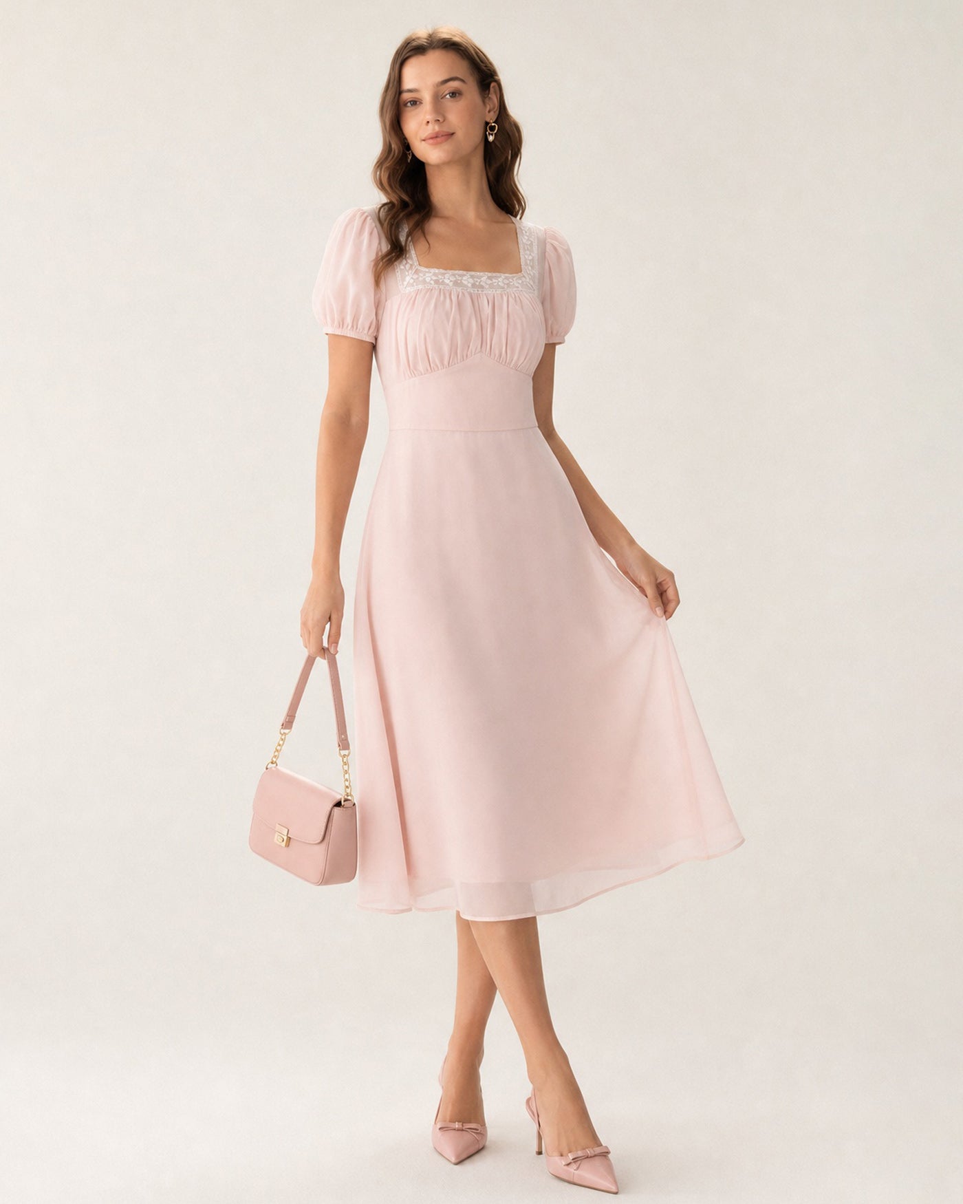Rihoas Square Neck Puff Sleeve Solid Lace Trim Ruched A Line Midi Dress, Pink / L