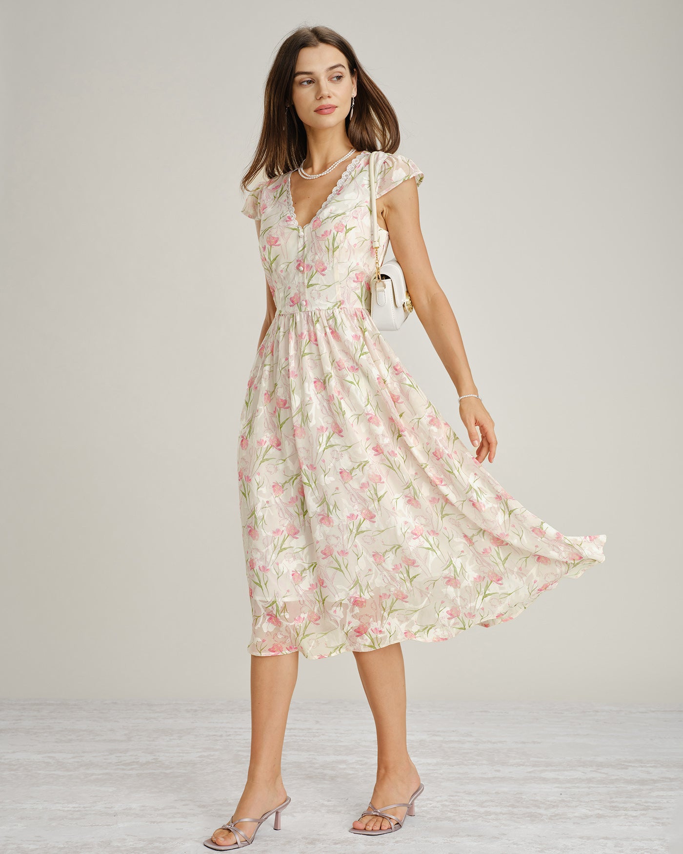 midi dress v-neck Pink V Neck Lace Floral Midi Dress