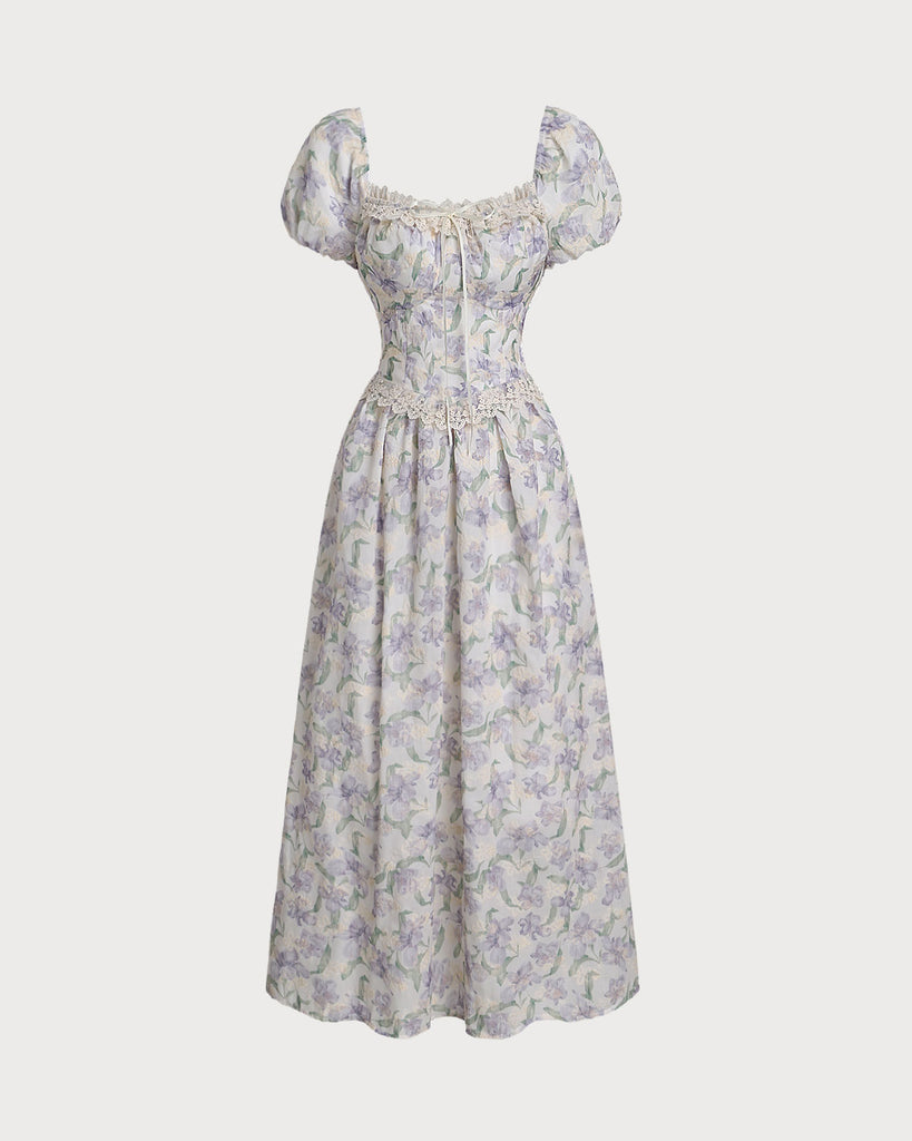 Purple Floral Square Neck Puffed Sleeve Midi Dress - RIHOAS