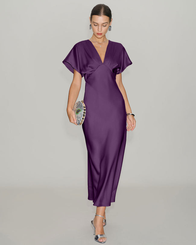 Women's Woven Polyester Midi Dresses Purple Dresses - RIHOAS
