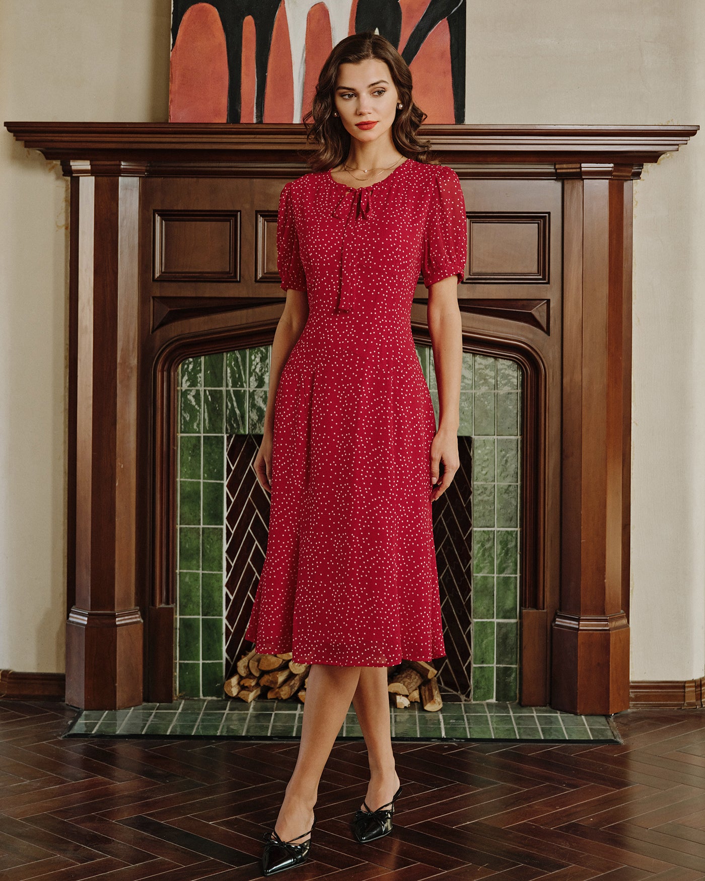 Red Polka Dot Chiffon Midi Dress Red Polka Dot Chiffon Midi Dress
