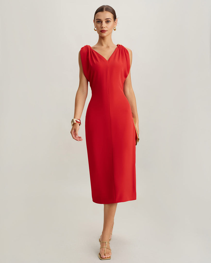 Women's Woven Polyester Midi Dresses Red Dresses - RIHOAS