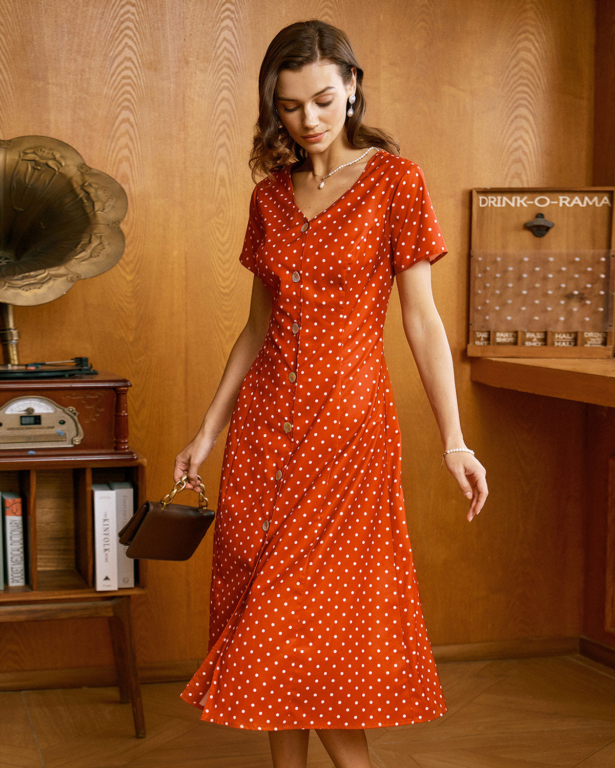 Red Polka Dot Button Midi Dress - Main Image