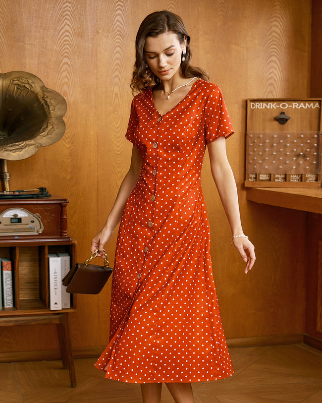 Women's Woven Polyester Midi Dresses Red Dresses - RIHOAS